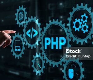 Businessman is pressing on the virtual screen php.
