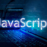 JavaScript inscription against laptop and code background. Learn JavaScript programming language, computer courses, training.
